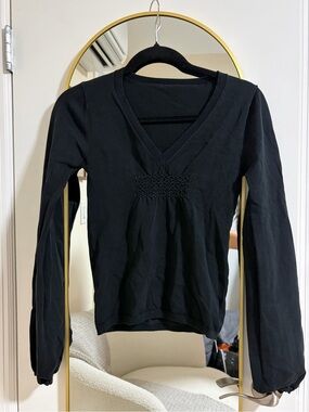 Black V-Neck Long Sleeve Top with Smocked Detail